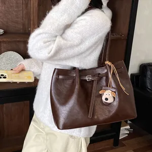Womens brown pu leather tote bag casual retro shoulder bag large capacity daily commute