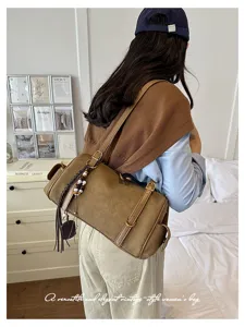 Braune Wildleder Boston Umhängetasche Vintage lässige Damen Handtasche große Kapazität