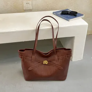 Retro Women PU Leather Tote Bag Large Capacity Minimalist Shoulder Bag Solid Color Underarm Bag With Metal Lock Belt Decor