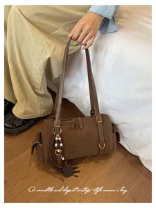 Braune Wildleder Boston Umhängetasche, große Kapazität Vintage Handtasche für Damen Alltag.