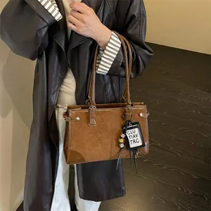 Women's vintage brown tote bag large capacity PU leather shoulder handbag autumn winter