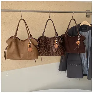 Vintage suede tote bag leopard print large capacity casual shoulder bag for women daily commute