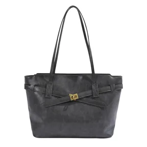 Dark grey PU leather shoulder tote bag, retro commuting bag with elegant metal twist lock design.