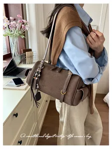 Braune Wildleder Boston Umhängetasche vintage Damen Handtasche lässig vielseitig Alltag