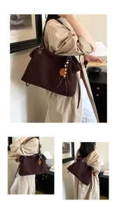 Retro brown suede tote bag for women, casual large capacity shoulder bag, chic daily commuting style.