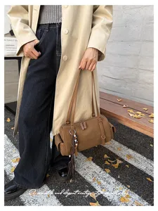 Braune Vintage Wildleder Boston Schultertasche für Damen, große Kapazität Bowling Handtasche