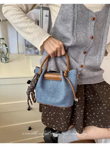 Women denim bucket bag vintage style top handle shoulder crossbody bag casual purse