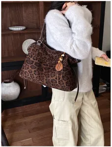 Vintage leopard print suede tote bag casual large capacity shoulder bag for women daily commute