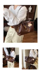 Retro dark brown tote bag detail view, showing large capacity and cute plush pendant.