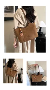 Bruine suède shopper tas, retro schoudertas con houten kralen hanger voor dagelijks.