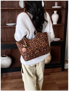Stijlvolle luipaard print shopper tas voor dames, vintage schoudertas met grote capaciteit.