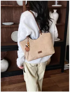 Retro shopper handtas voor dames, grote capaciteit schoudertas met stijlvolle houten kralen hanger.