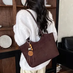 Stijlvolle bruine suède tote tas voor dames, retro schoudertas met grote capaciteit voor dagelijks.