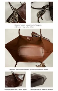 Vintage Öl-Wachs-Leder Shopper Detailansicht mit Textur, Tuch-Dekor und Innentasche.