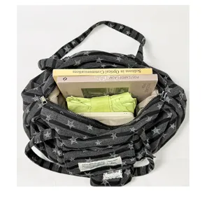Korean style striped star canvas tote bag for women, large capacity casual daily commuting bag.