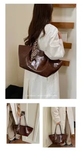Retro Ölwachs Leder Tote Bag mit Seidenschal, große Kapazität Umhängetasche für Damen Stil