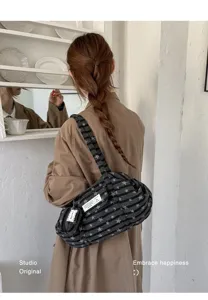 Korean style striped star canvas tote bag, casual large capacity shoulder bag with pouch.