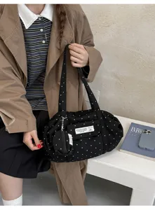 Korean style black polka dot canvas tote bag detail view, large capacity casual bag.