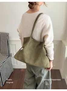 Bolso de hombro tejido verde para mujer gran capacidad bolso casual de trabajo otono