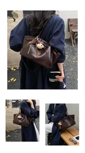 Vintage large capacity brown tote bag for women casual PU leather shoulder handbag commuter