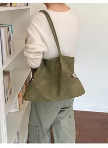 Bolso tote de hombro tejido verde para mujer, bolso hobo casual de gran capacidad detalle
