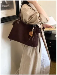 Retro suede tote bag for women, large capacity casual shoulder bag, stylish commuter handbag.
