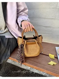 Chic pleated bucket handbag for women, trendy autumn shoulder and crossbody bag detail view.