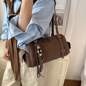 Damen Wildleder Boston Tasche Retro Bowling Schultertasche Grosse Kapazitaet Handtasche