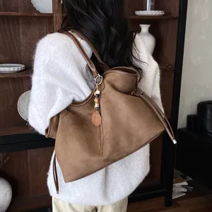 Retro suede tote bag for women, large capacity casual shoulder bag, stylish commuter handbag.