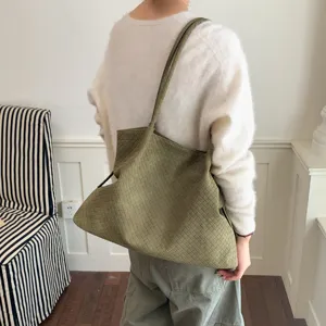 Bolso de Hombro de Cuero Tejido Gran Capacidad Estilo Casual Verde Oliva Otoño