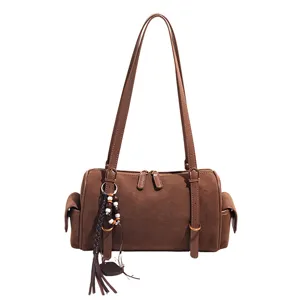 Braune Wildleder Bowling Schultertasche für Damen, grosse Kapazität Vintage Achseltasche.
