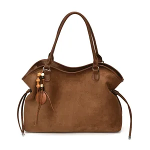 Retro brown suede tote bag for women, casual large capacity shoulder bag for daily commute.
