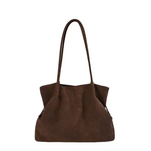 Bolso tote trenzado de cuero marrón gran capacidad bolso de hombro otoño nuevo moda