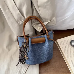 Women Trendy Pleated Bucket Bag PU Leather Denim Texture Shoulder Crossbody Handbag Chic Elegant Versatile Small Handbag For Daily Work Fashion