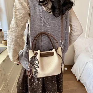 Stylish women shoulder bucket bag trendy faux leather casual crossbody handbag daily