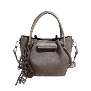 Chic grey women handbag bucket bag stylish pleated shoulder bag with handle and charm