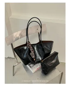 Retro Ölwachs Leder Shopper Tasche mit Schal Dekoration große Schultertasche für Damen