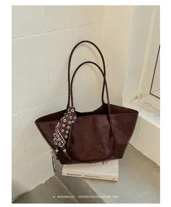 Vintage Ölwachs Leder Shopper Tasche mit Schal Dekor, lässige große Schultertasche