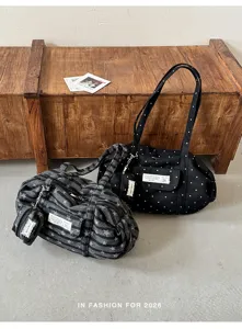 Korean style casual canvas tote bag with stripe and star pattern, large capacity daily commuter bag.