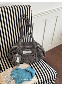 Korean style corduroy tote bag with black stars, casual large capacity shoulder bag for women.
