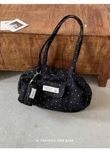 Casual black polka dot canvas tote bag for women, large capacity daily commuting shoulder bag.
