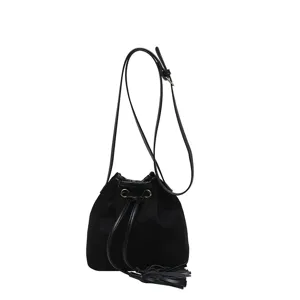 Trendy black frosted shoulder bucket bag for women with chic tassel and adjustable strap main view