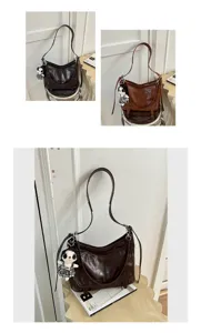 Vintage leather shoulder bag for women stylish messenger bag with cute doll pendant daily use.