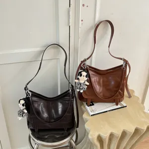 Vintage PU Leather Messenger Bag for Women Trendy Crossbody Shoulder Bag with Doll Charm Versatile Square Bag for Daily Commute
