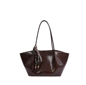 Retro Ölwachs Leder Shopper Tasche mit Seidenschal, große Kapazität Umhängetasche.
