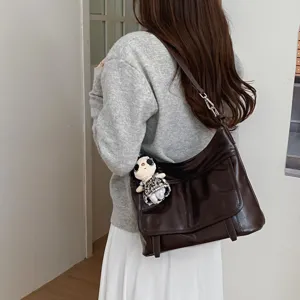 Women retro brown PU leather messenger shoulder bag chic fashion crossbody bag with doll charm
