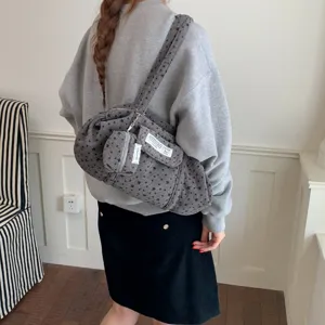 Grey star print canvas tote bag, casual large capacity shoulder bag with small pouch.