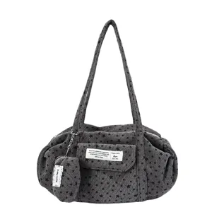 Grey star corduroy tote bag casual shoulder bag with small pouch and chic design for daily commute.