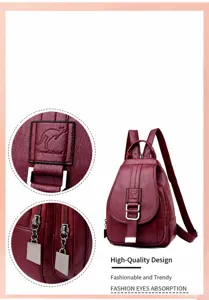 Stylish women's wine red PU leather backpack casual large capacity daypack with metal buckle