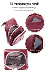 Women casual soft leather backpack large capacity multi-pocket travel daily chest bag